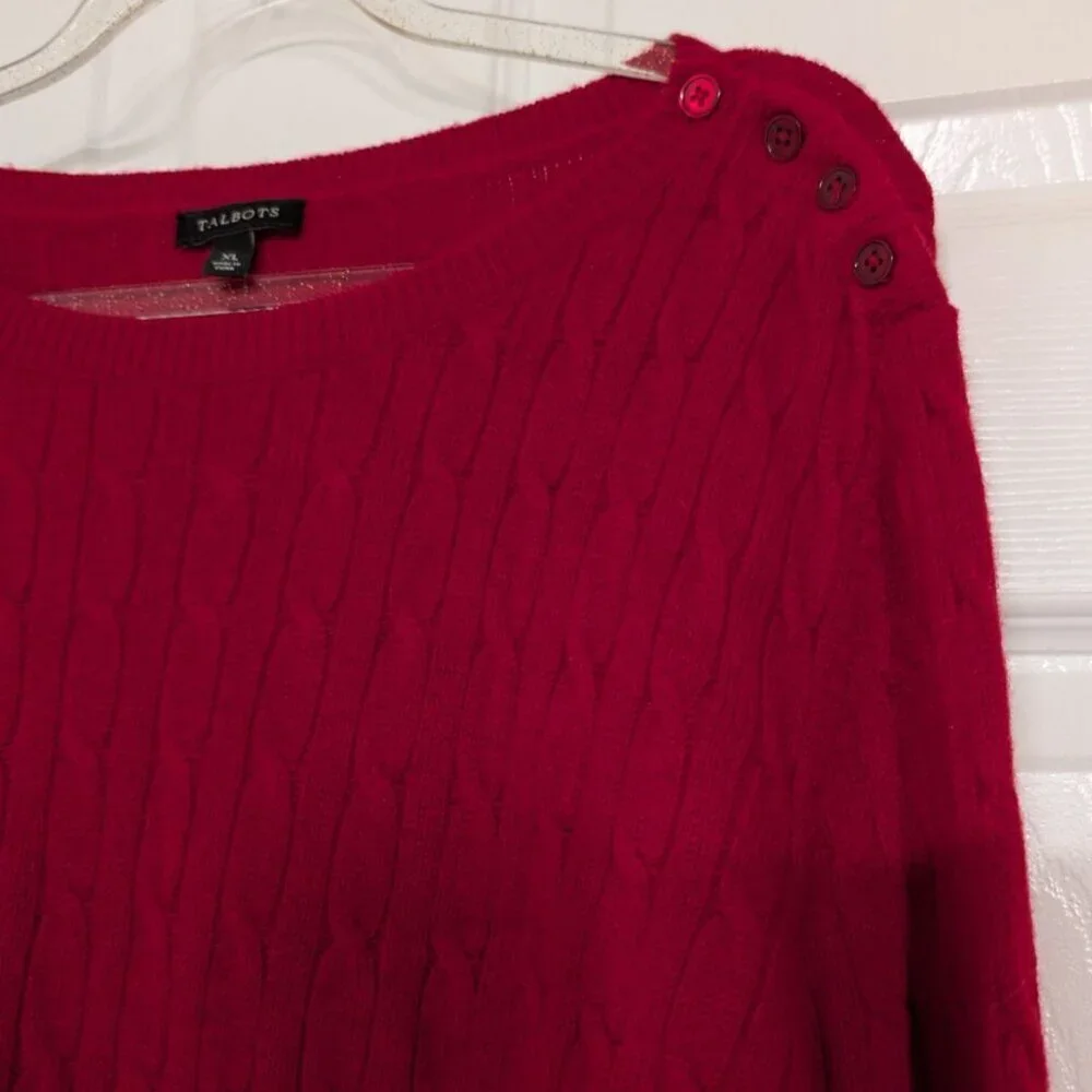 Talbots Cable Knit Sweater Womens Size XL Red Lambswool Blend Button Detail Knit